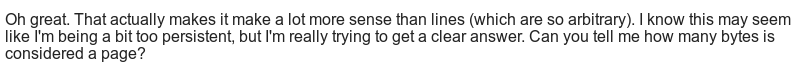 Email from me, asking: Can you tell me how many bytes is considered a page?